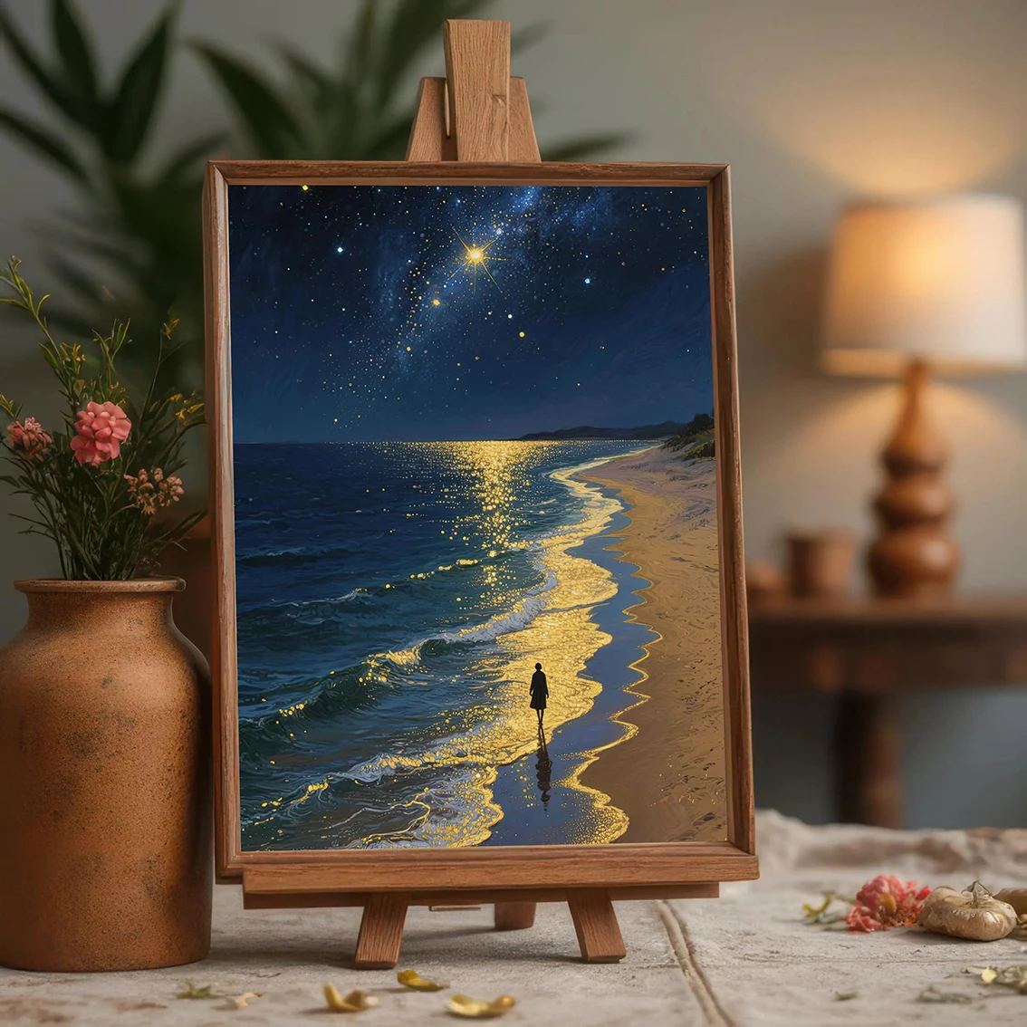 

Starry Night Beach Walk Art Print Luminous Ocean Seascape Print Wall Art Decor Golden Waves and Coast Canvas Poster Home Decor