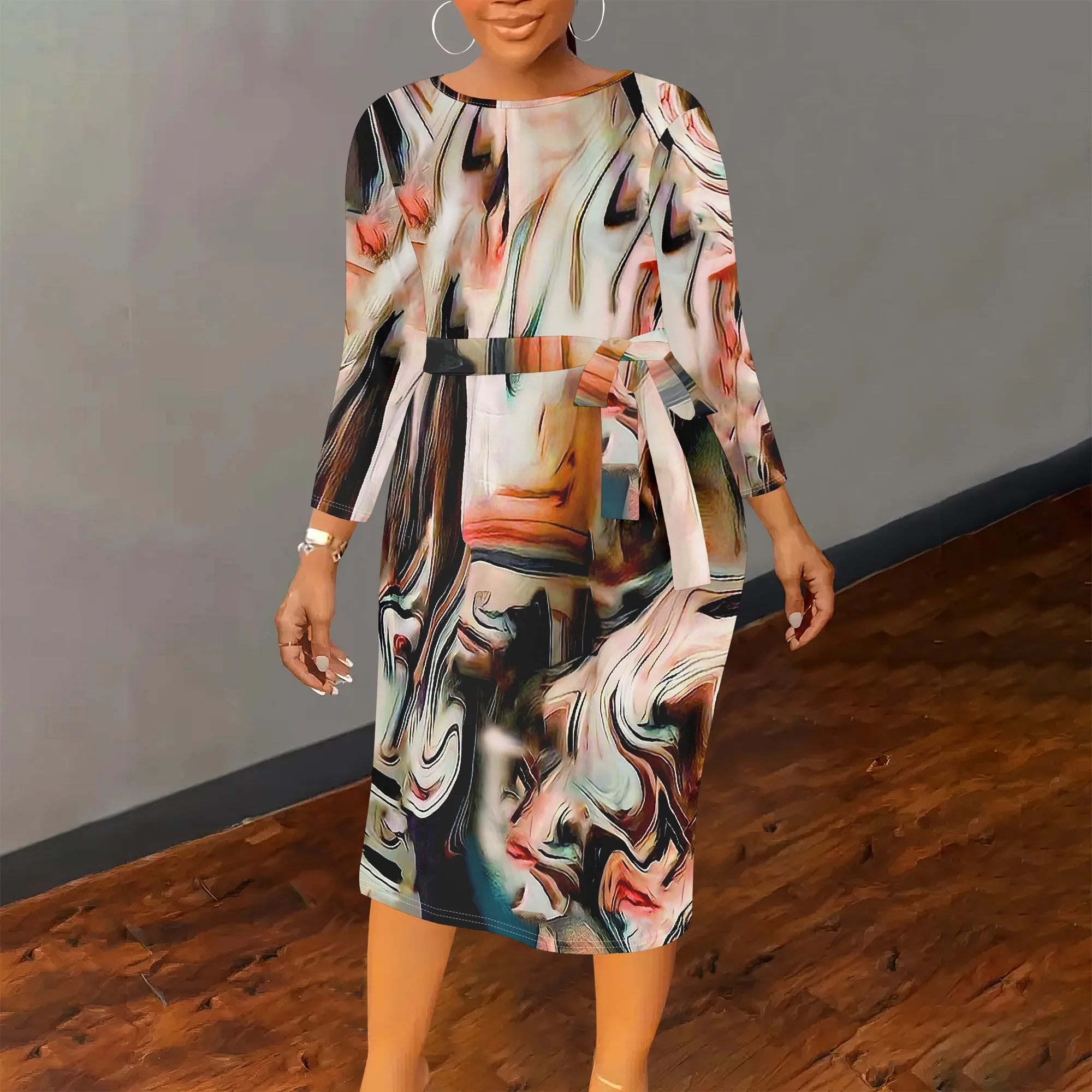 

Женское летнее платье больших размеров с цветочным принтом, осеннее модное повседневное платье с длинными рукавами и круглым вырезом с принтом и поясом