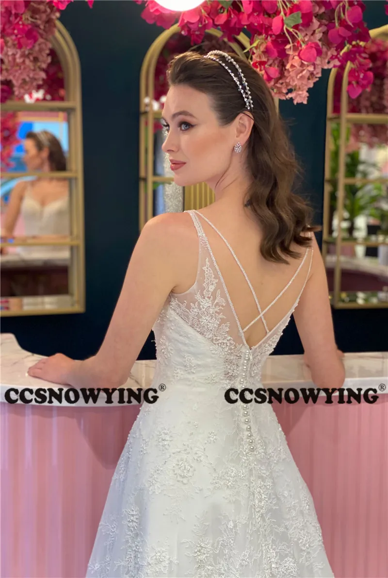 Moda laço espaguete cinta vestido de casamento para noiva duplo v pescoço sem mangas vestidos de noiva longo uma linha robe de mariée