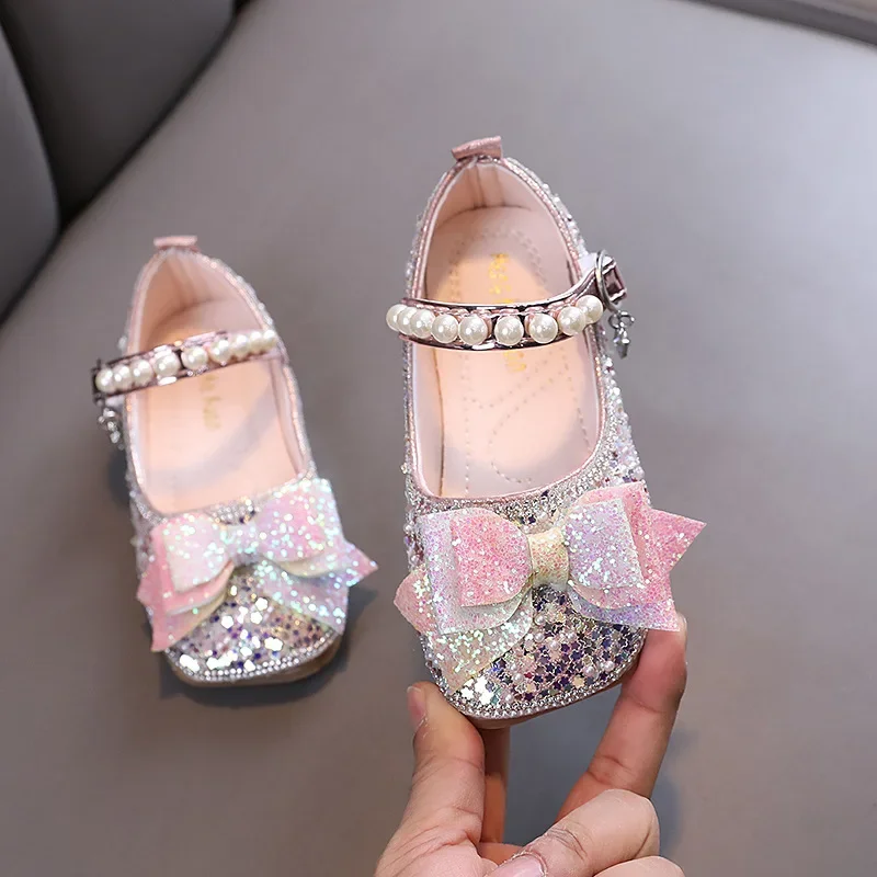 

Children's Leather Shoes Sequins Bowtie Ballet Flats for Girls Princess Spring/autumn Fashion Bling Kid Causal Dress Party Shoes