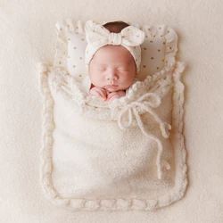 White Newborn Pocket Blanket Pillow Hat for Photography Props Soft Baby Sleepy Pocket Backdrop Photo Baby Blanket Newborn Props