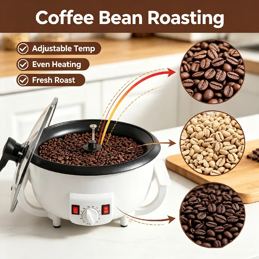 Mini Home Coffee Bean Roasting Machine Semi-Automatic Coffee Roaster Supports Light Medium Dark Roast Raw Coffee & Nuts