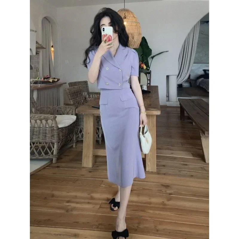 French Temperament Suit Jacket Fish Tail Skirt Two-piece Set Women Double Breasted Lapel Sweet Fashion Solid Slim Summer Set New