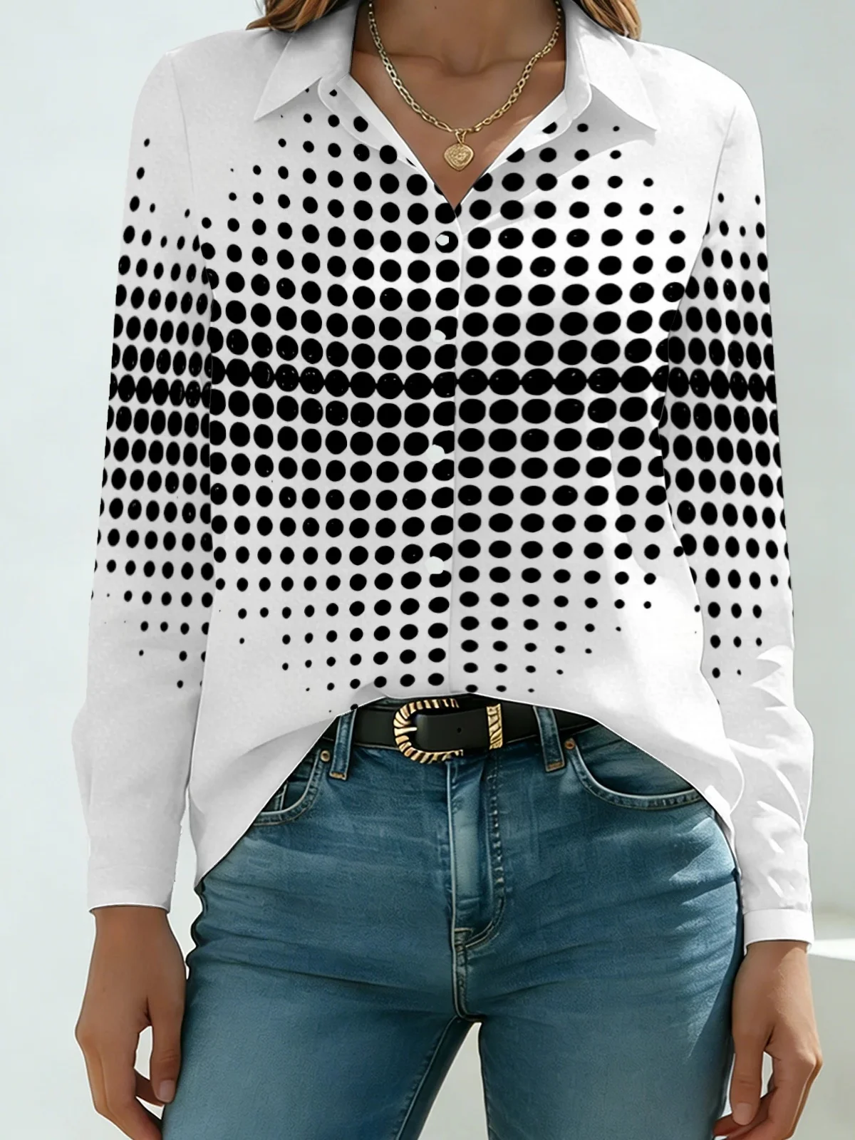Retro Polka Dot Women Long Sleeve Shirt White Base Center Gradient Thick Black Dot Print Lapel Button Down Daily Office Blouse