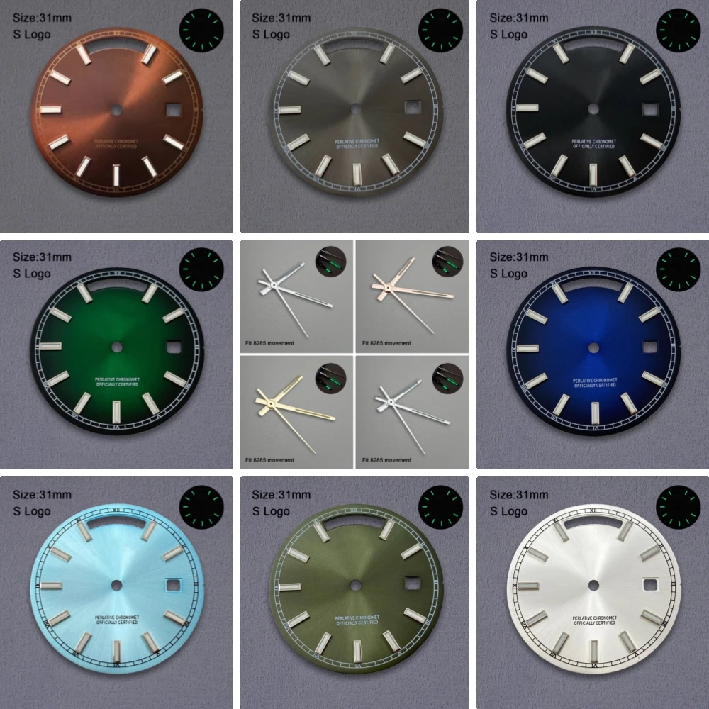 High Quality 31mm S Logo Day And Date Dial Suitable For 8285 Movement Green Luminous Watch Modification Accessories