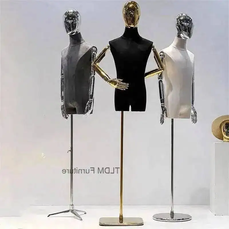 

Head Half-length Manikin Torso with Silver Base Korean High-end Clothing Store Velvet Male Mannequin with Metal Display Model W