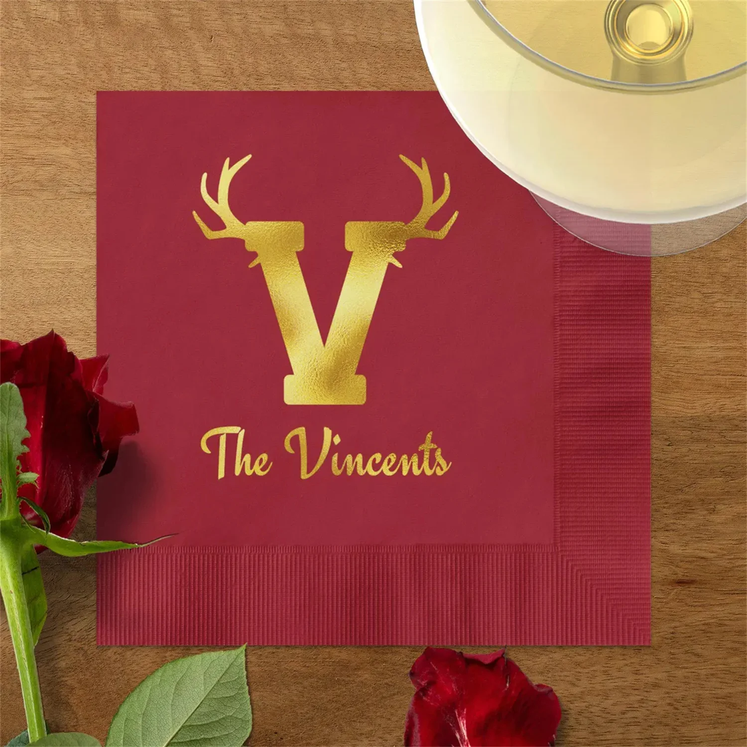 50 PCS Personalized Initial 'V' Cocktail Napkins, Custom Monogram Napkins, Holiday Reindeer Luncheon Napkins, Christmas Reindeer