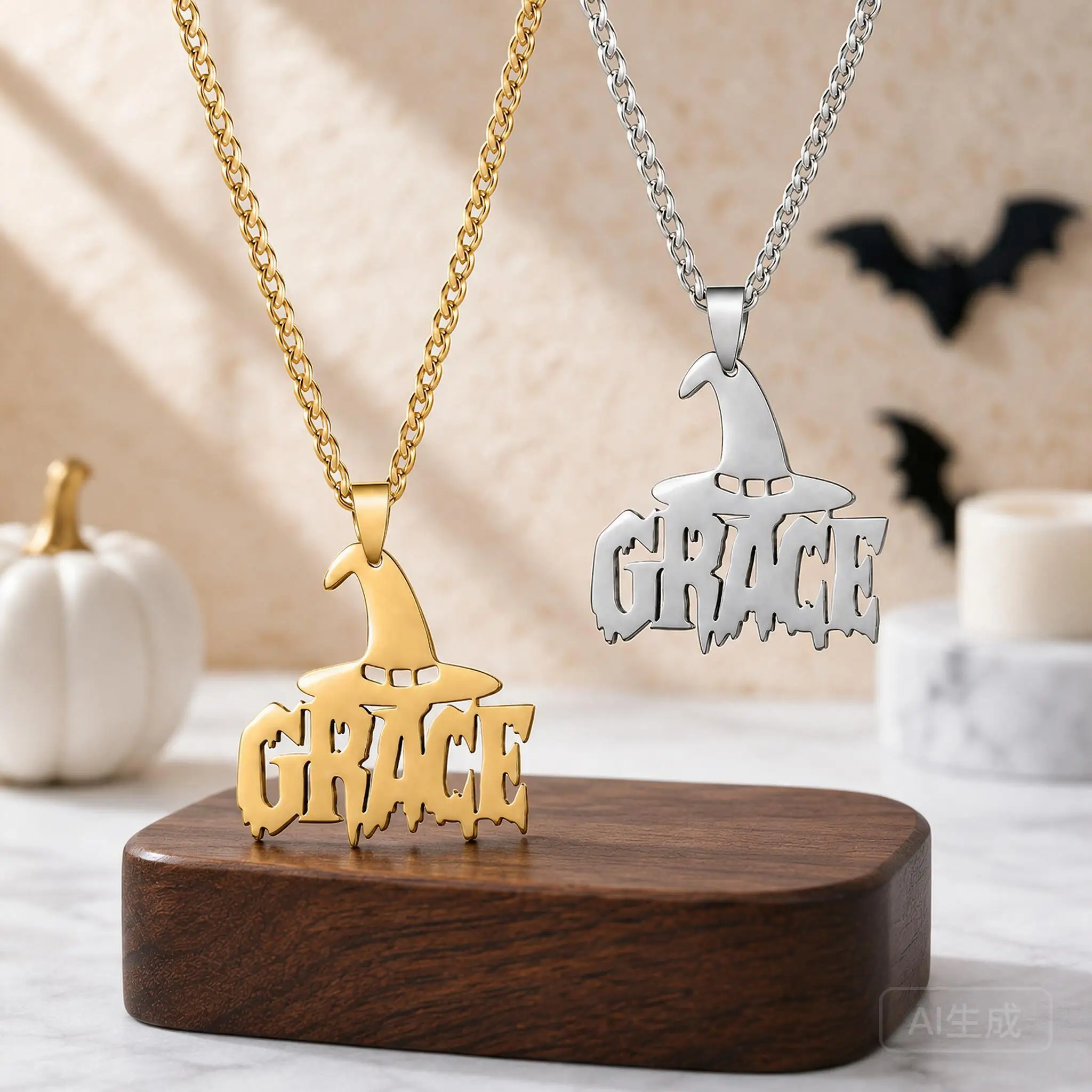 Luxury Halloween Witch Hat Name Necklace Personalized Spooky Letter Pendant Stainless Steel Luxury Name Holiday Jewelry For Her