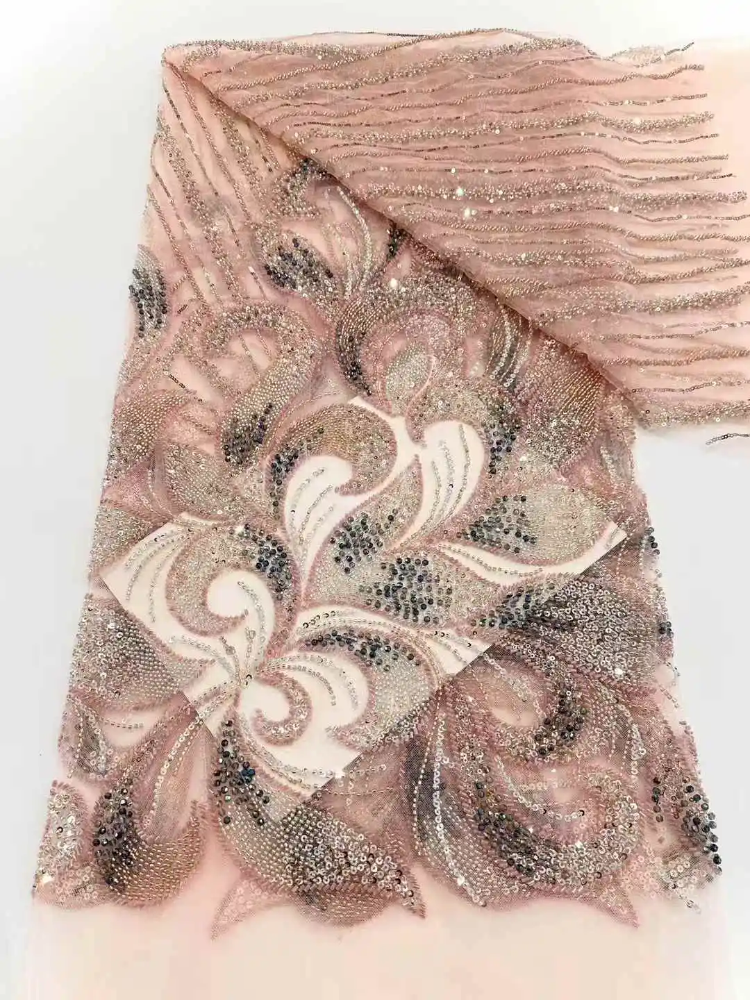 African Lace Fabric 2025  French 3D Flower Peach Sequins Embroidery Beads Tulle Lace Fabric For Party Dress 5 Yards