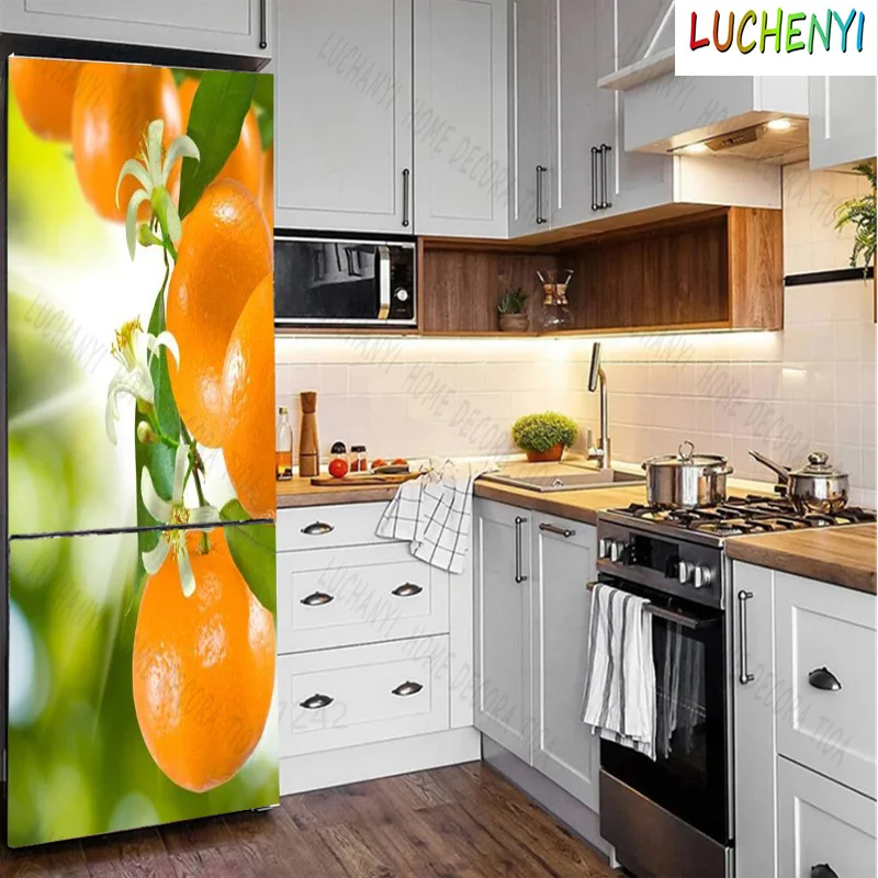 Papel de parede  wine glass orange star fruitwater refrigerator sticker  door stickerkitchen fridge wallpaper mural , home decor