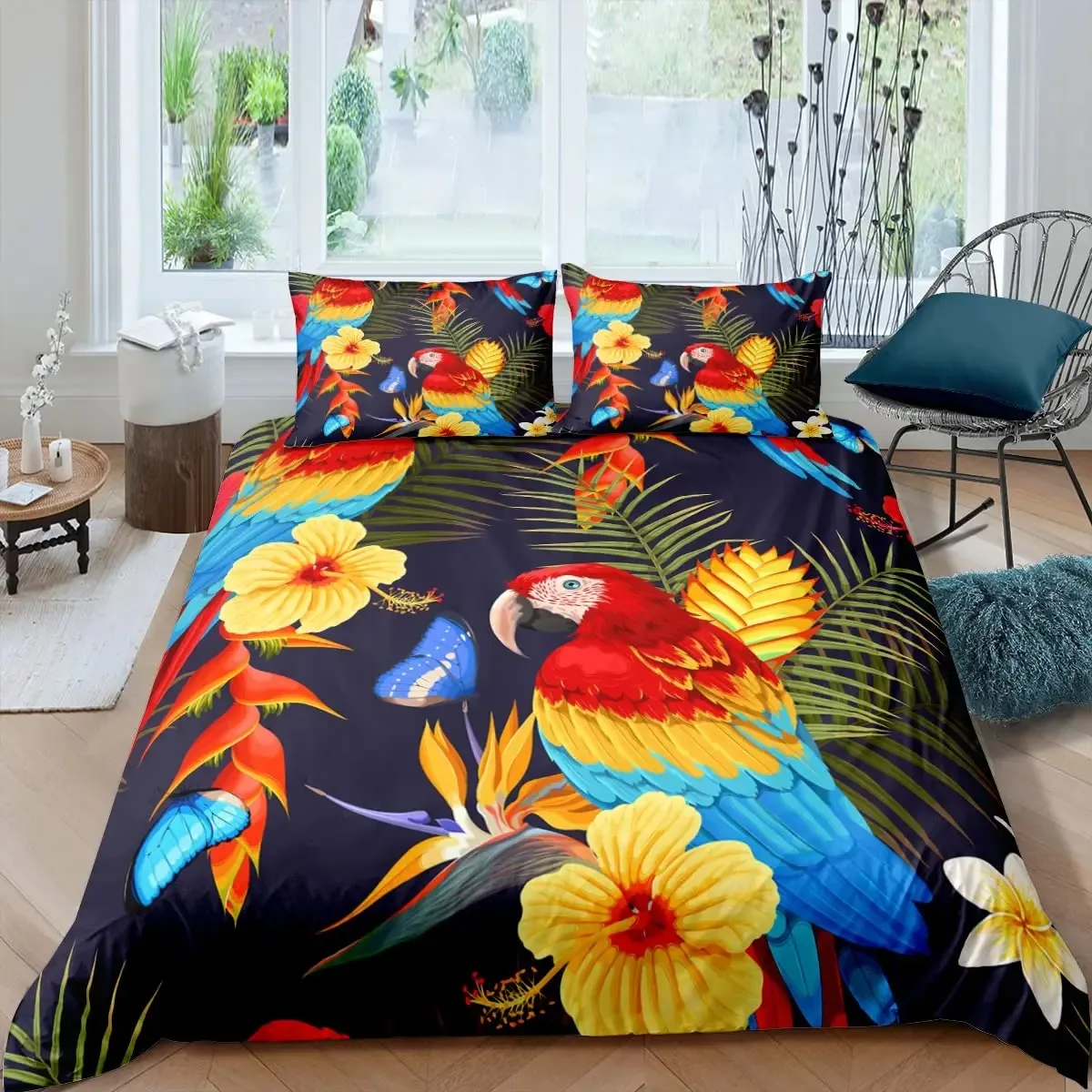 

Parrot King Queen Bedding Set Cute Birds Colourful Feather Duvet Cover Tropical Flowers Comforter Cover Polyester Quilt Cover