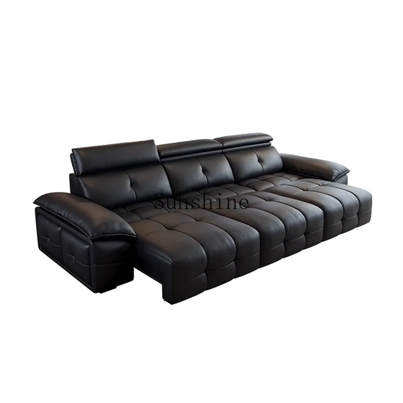 

Black Italian leather sofa bed, living room light luxury modern simple straight row small apartment