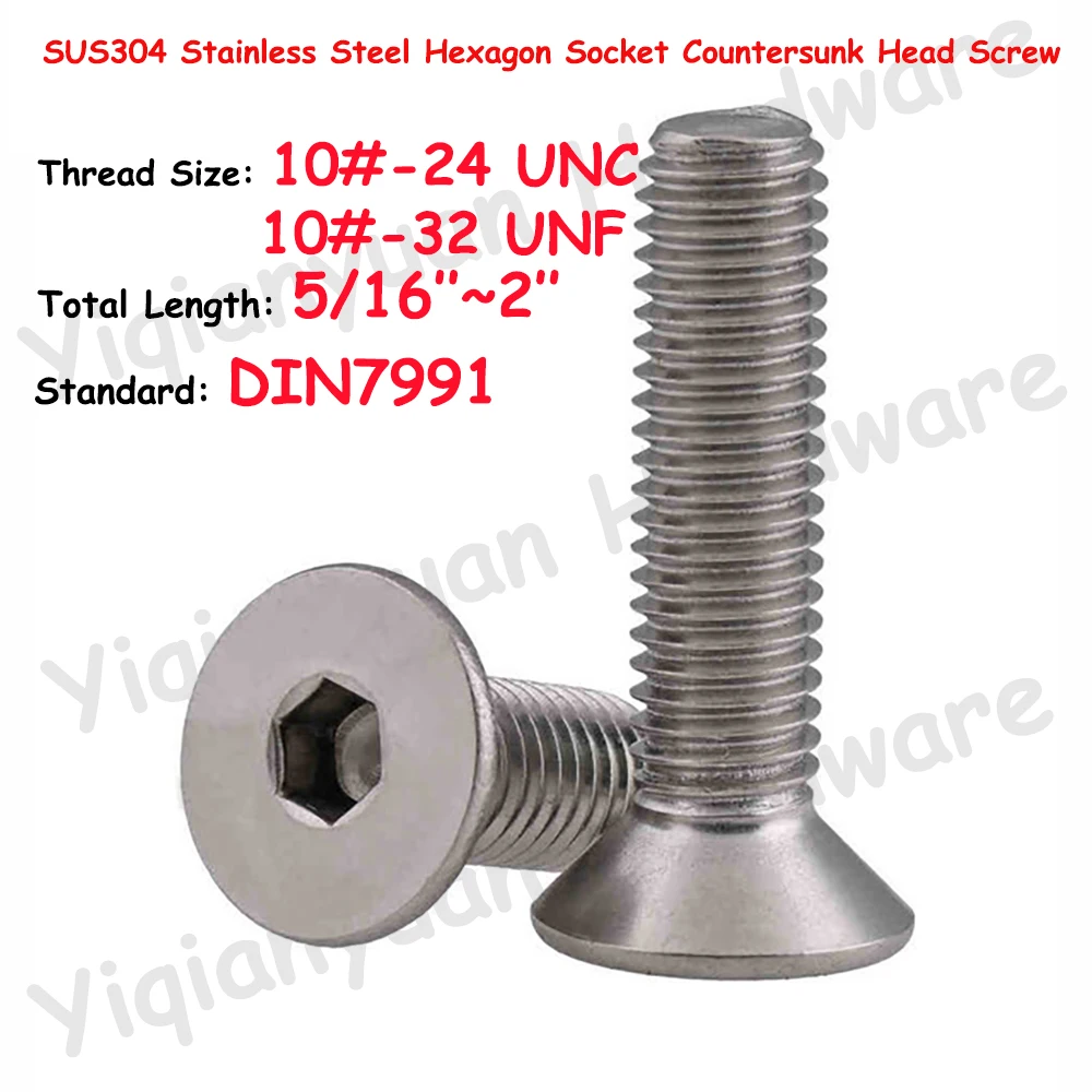 10#-24 UNC 10#-32 UNF Thread DIN7991 SUS304 Stainless Steel Hexagon Socket Countersunk Head Screws Allen Key Hex Flat Bolts