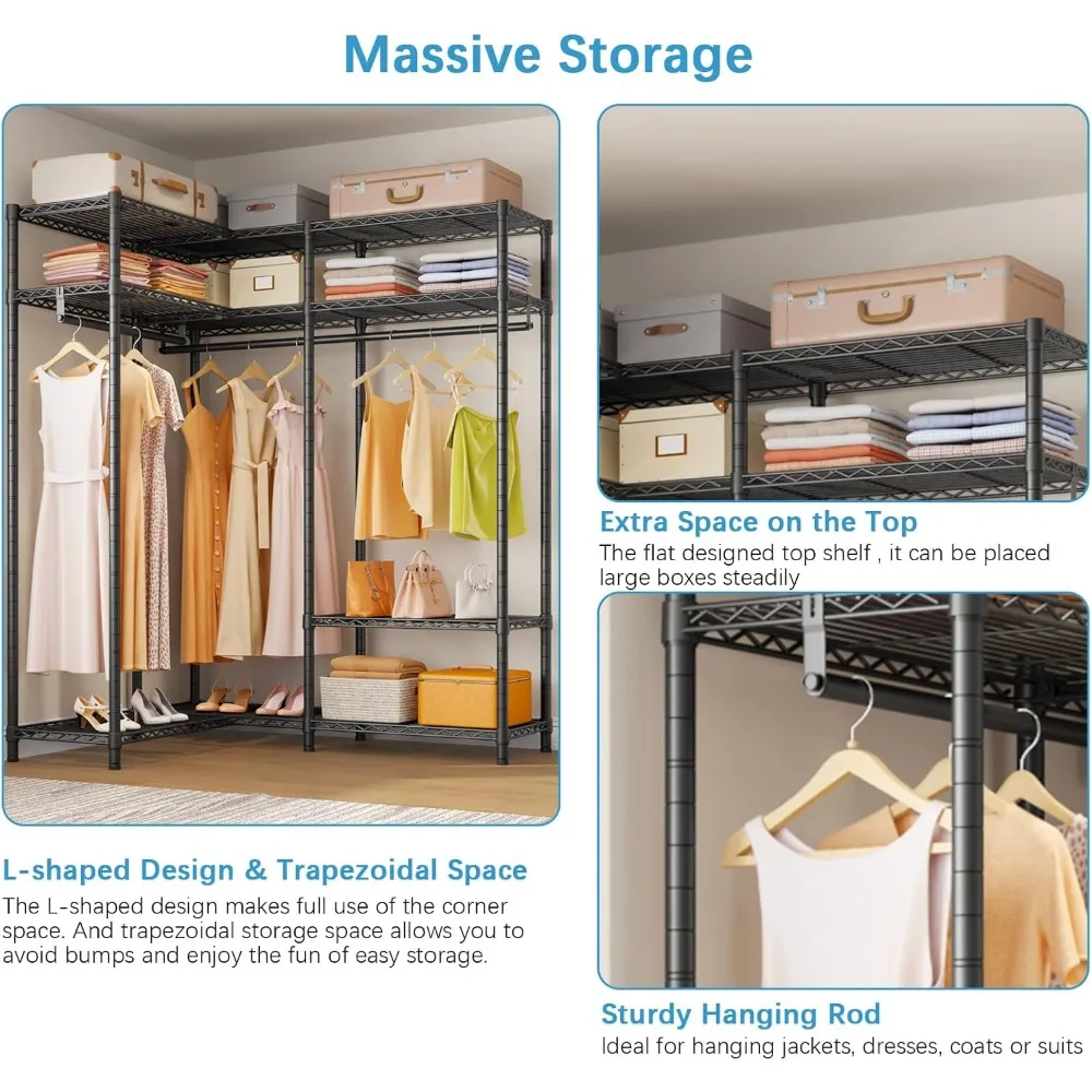 رف ملابس زاوية، خزانة قائمة بذاتها شديدة التحمل على شكل حرف L مع أرفف قابلة للتعديل وقضبان تعليق، خزانة ملابس زاوية P #3