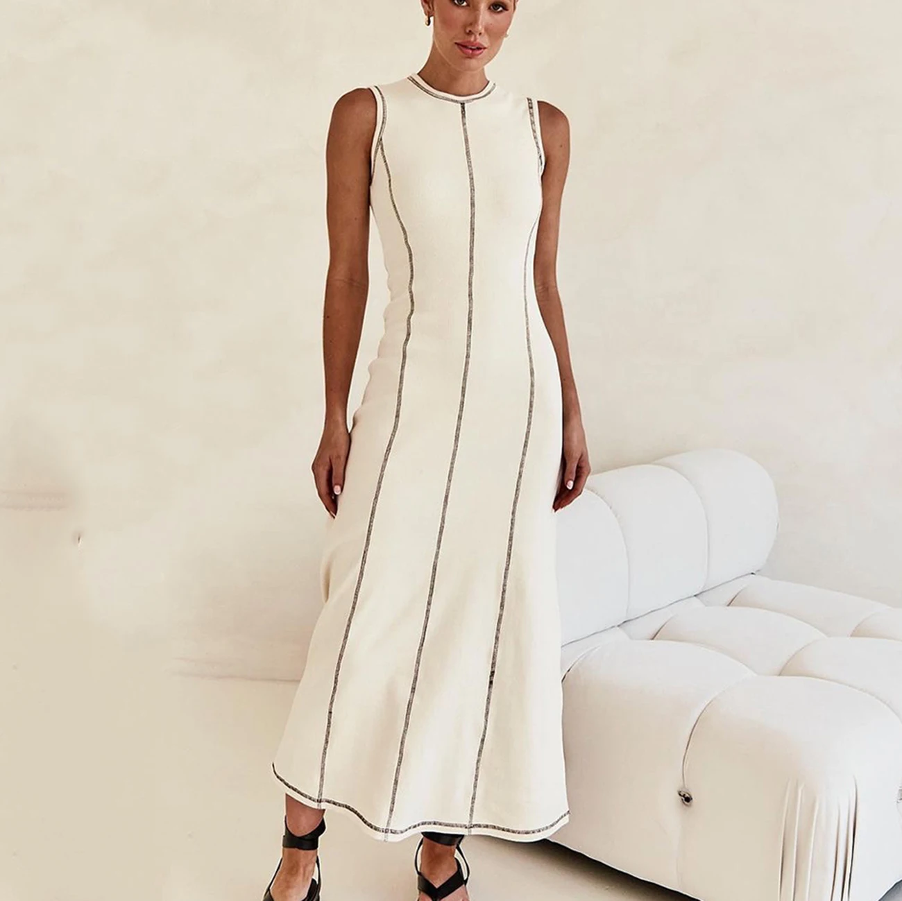 

Women Casual Maxi Summer Dress New Style Chic Knit Rib Round Neck Sleeveless Stripes Flowy Swing Long Midi Dresses