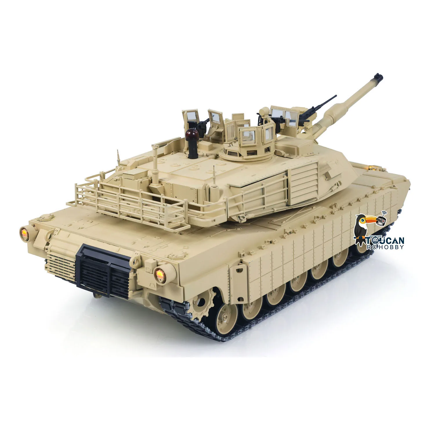 รถถังบังคับวิทยุโลหะ 1/16 รุ่น M1A2 Abrams ระบบขับเคลื่อนด้วยไฟฟ้าคู่ พร้อมระบบ IR กล่องเกียร์แบบขับเคลื่อนสองระบบ กระบอกปืนแบบมีแรงดันกลับ ปรับระดับความสูงได้ หมุนป้อมปืนได้ 360 องศา พร้อมควัน รุ่น RTR ยี่ห้อ TOUCAN