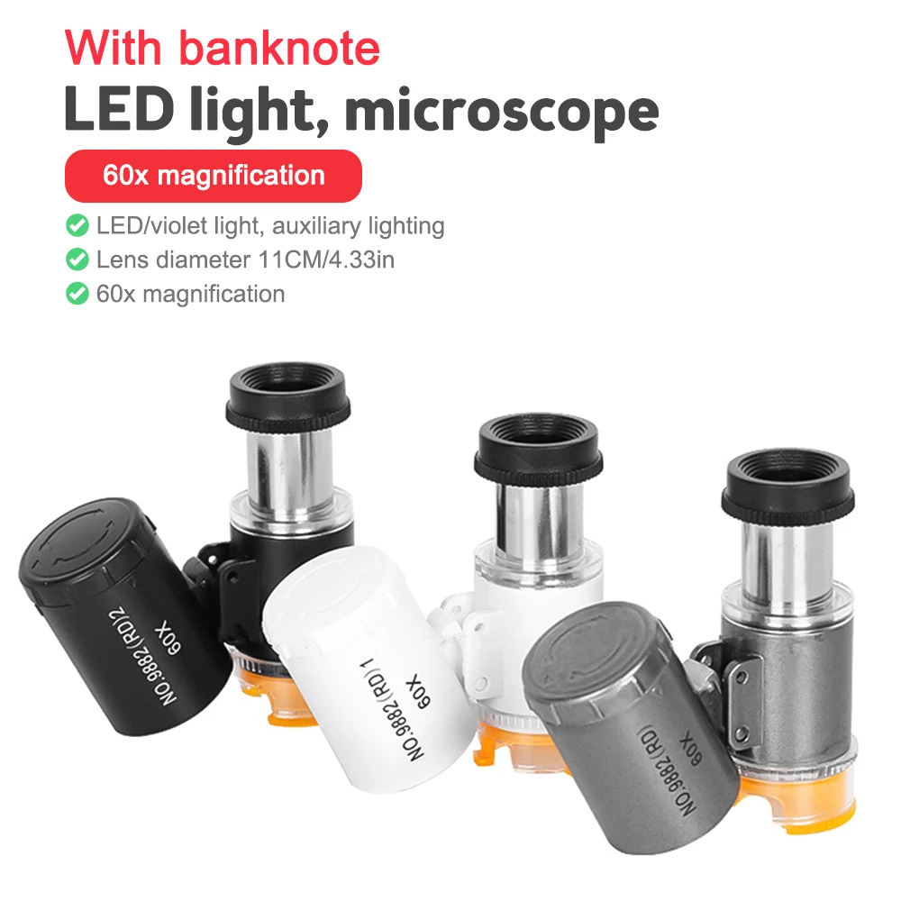 Mini Kit de microscopio de bolsillo 60x, microscopio de mano de laboratorio, alimentado por batería, con luz LED, microscopio de Ciencia para Niños