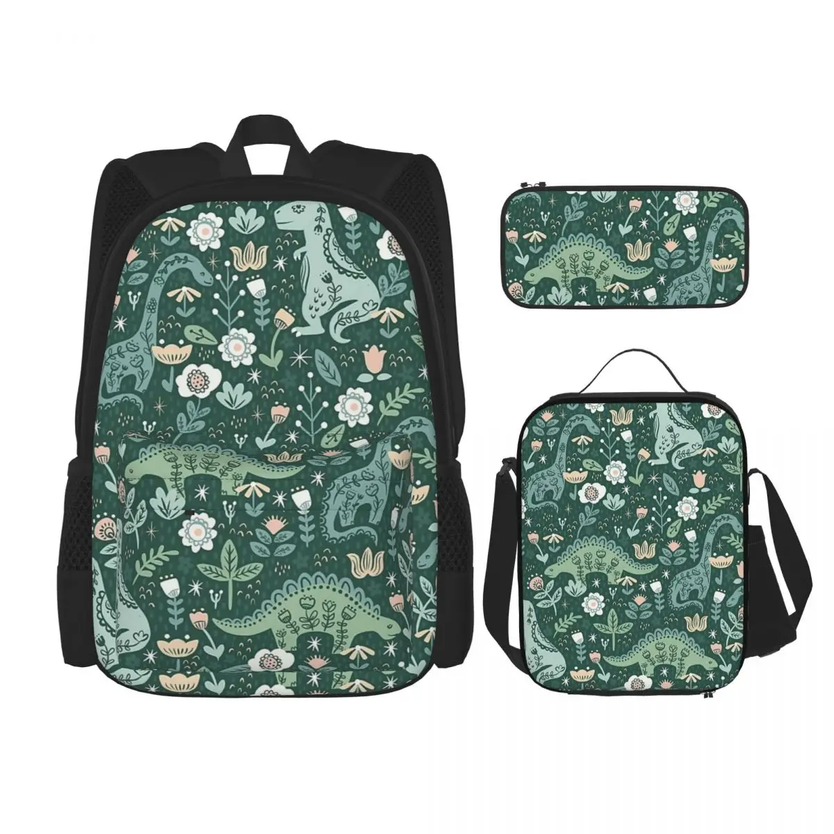 Folk Floral Dinosaur Backpacks Kids Bookbag School Bags Rucksack Lunch Bag Pen Bag Three-Piece Set