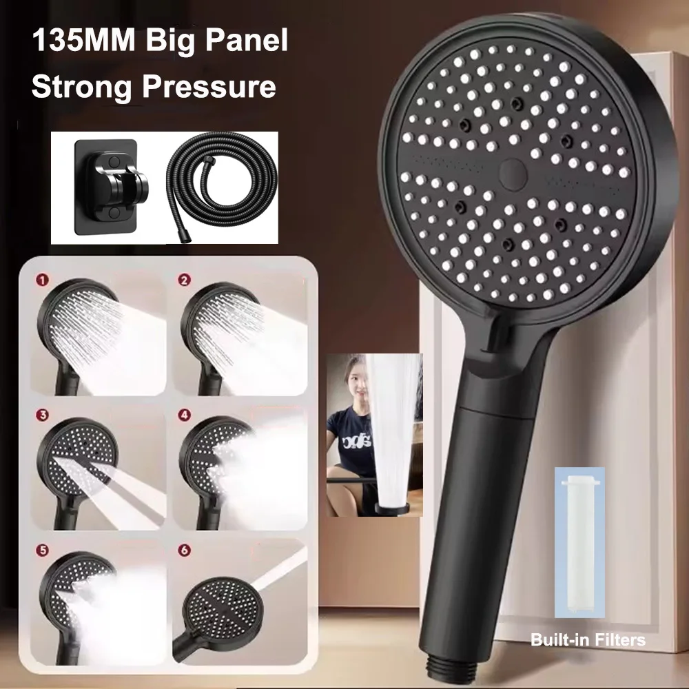

New 1Pcs 135mm Big Panel High Pressure Shower Head Adjustable 6 Spray with Filter Large Water Outlet Bathroom Accessories Set