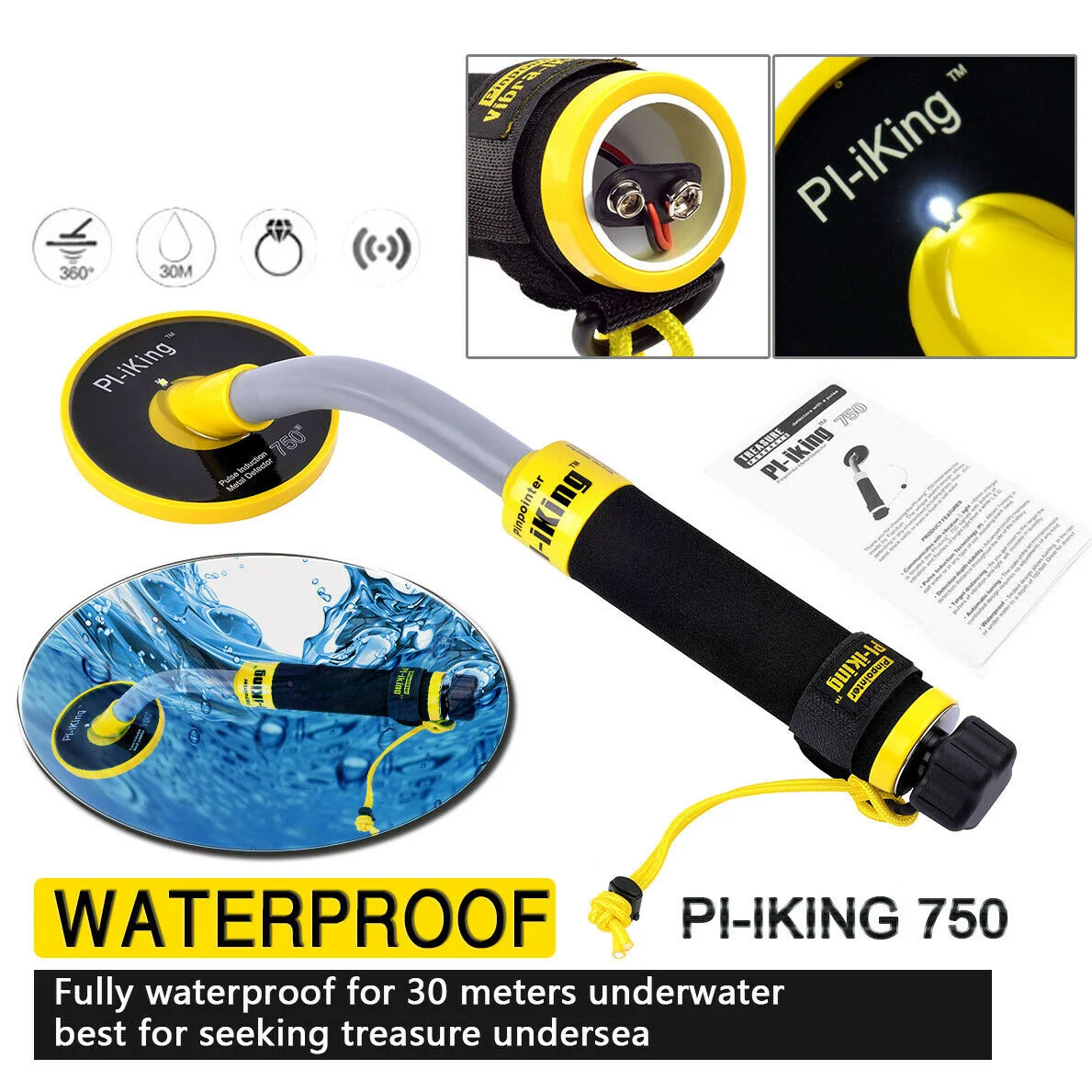 SALE 30m Underwater Metal Detector PI-iking 750 Induction Pinpointer Expand Detection Depth with LED Light When Detects Metal