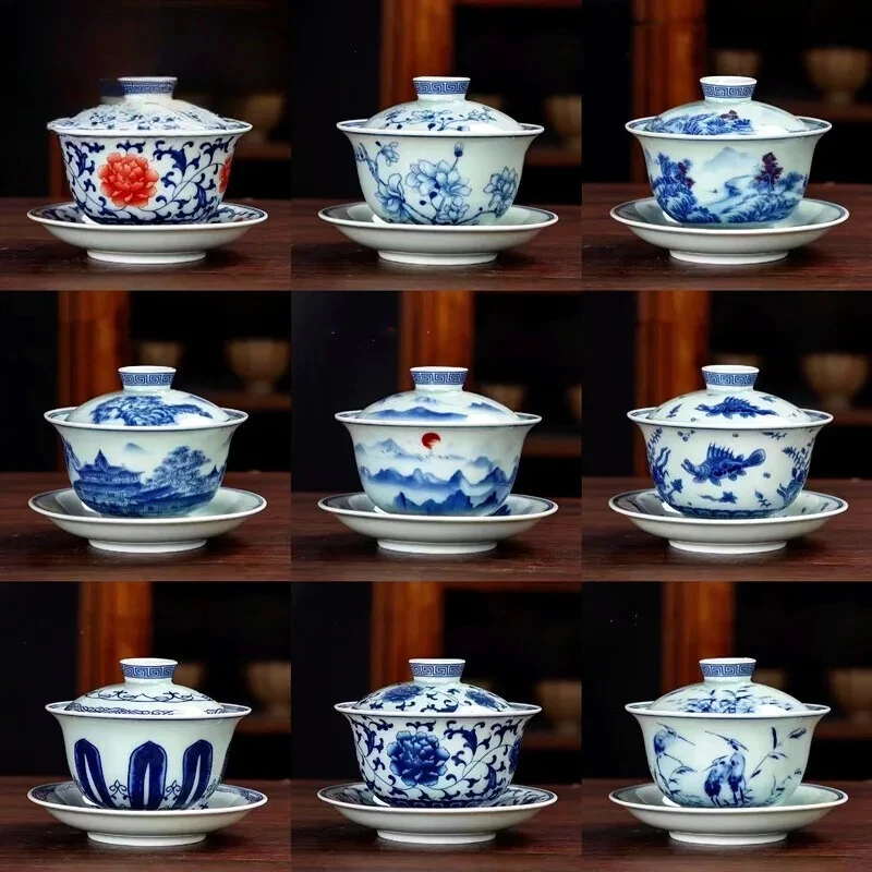 

Чайная чаша Гайвань из сине-белого фарфора, 200 мл, с глазурованной красной крышкой, для домашнего чаепития Кунг-фу, подарки