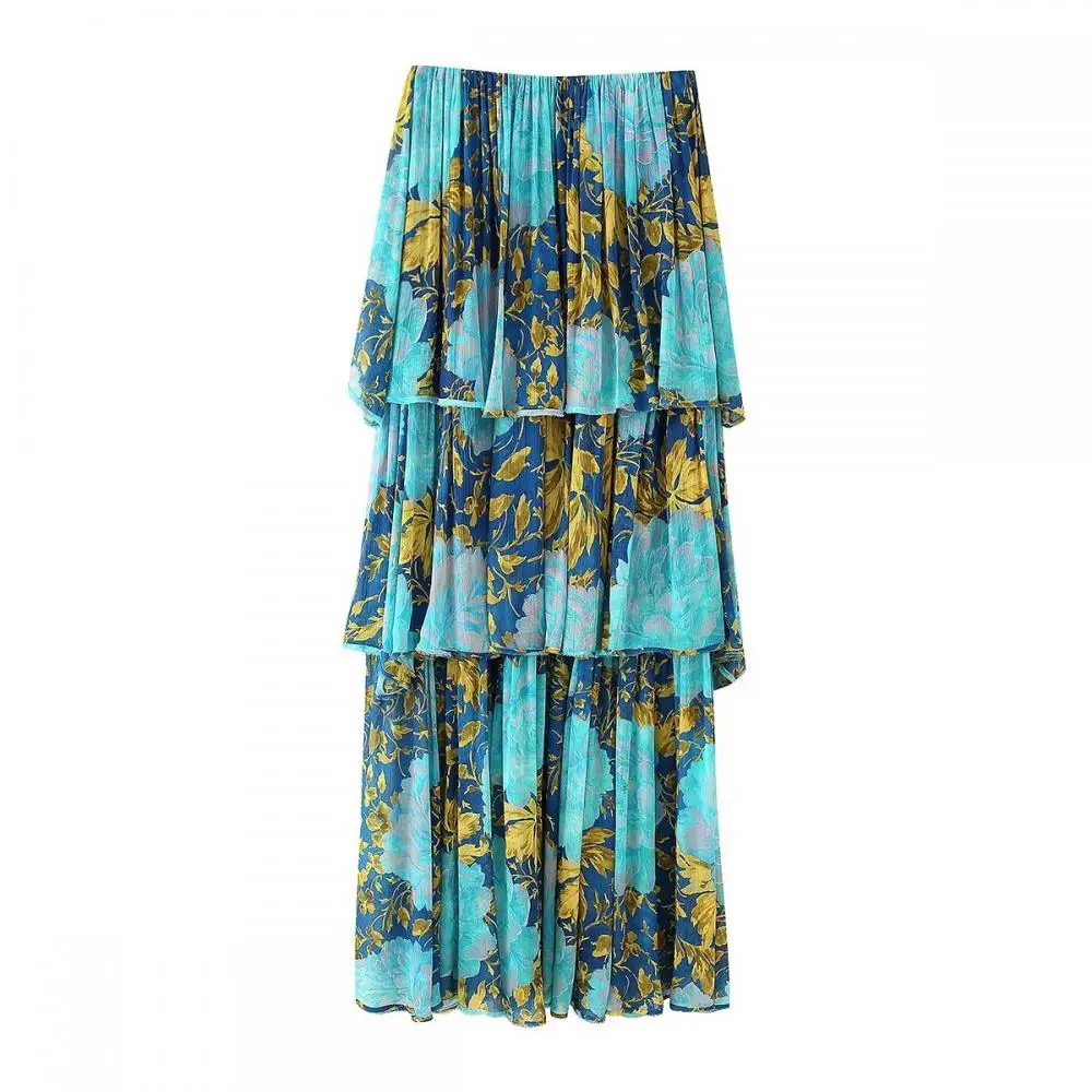 Feminino novo casual verão sem mangas chiffon vestido sem alças férias floral impressão em camadas bolo vestido doce moda