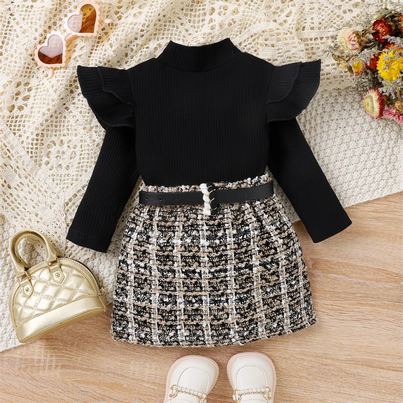 3Pcs Kids Baby Girls  Outfit Long Sleeve Semi-high Collar T-shirt with Mini Skirt and Belt Set Fall Fashion Clothes Set for Girl