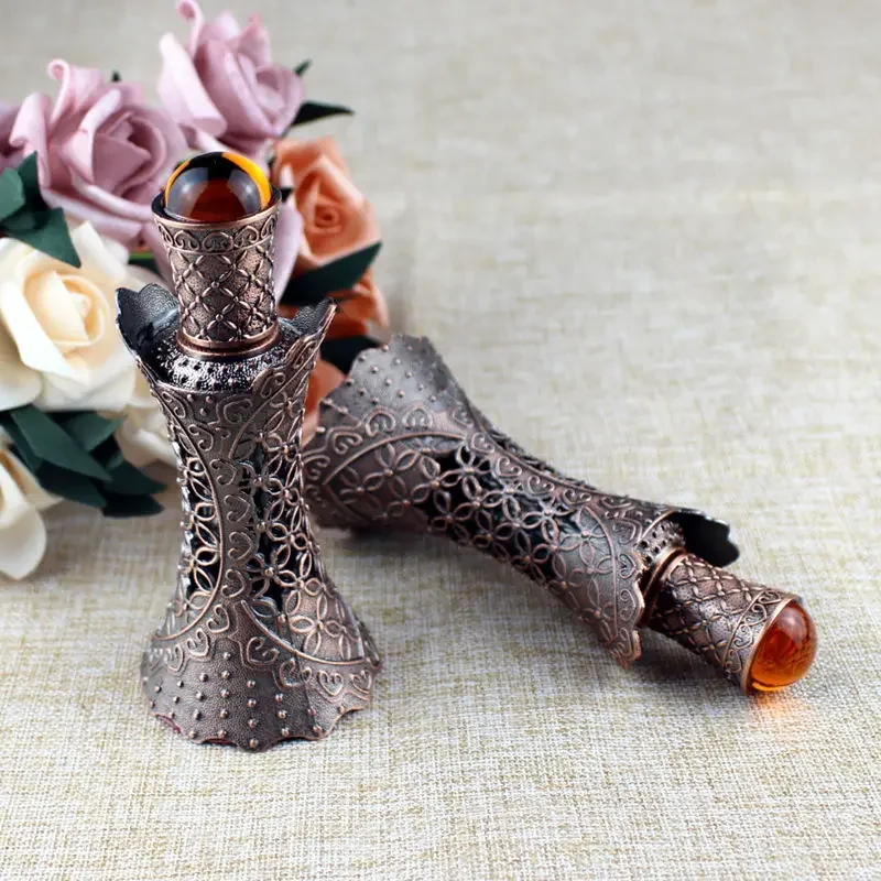 1PC 12ml Antiqued Metal Glass Bottle Arab Style Essential Oils Bottles with Dropper Middle East Perfume Oil Vials