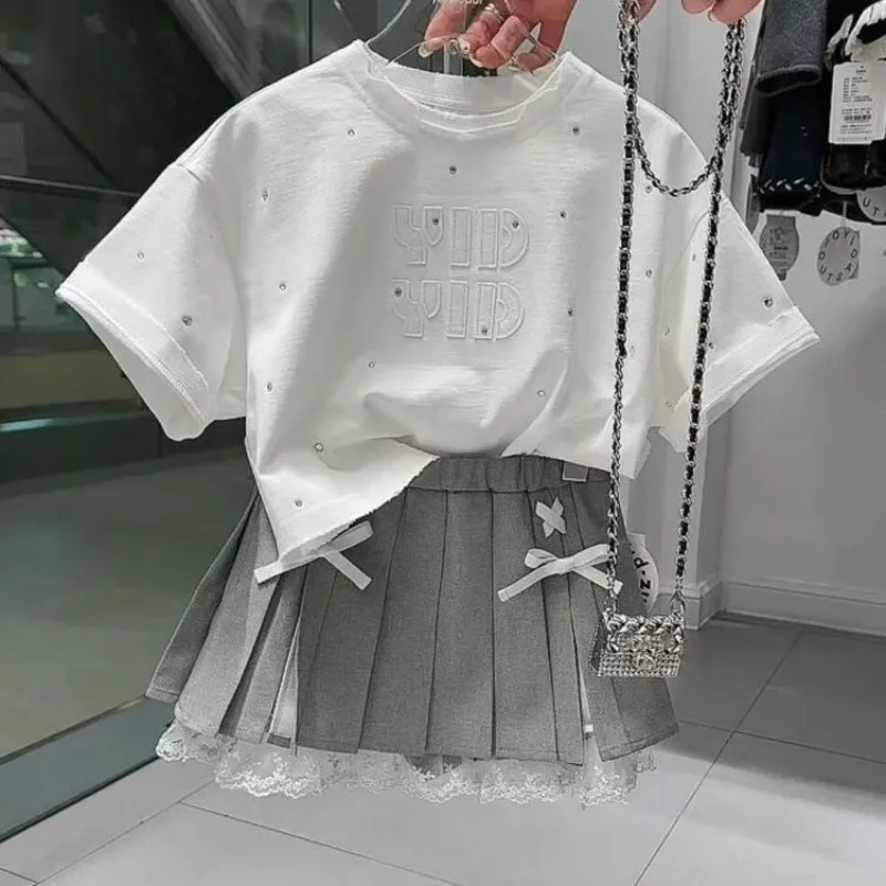 

children's summer clothing set new Girls pure cotton short sleeved T-shirt pleated skirt two-piece set