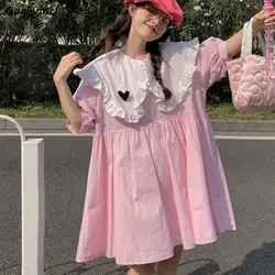 Dresses Women Peter Pan Collar Daily Korean Style Sweet Vintage Chic Ins Summer Girlish Temperament Simple All-match New Fashion