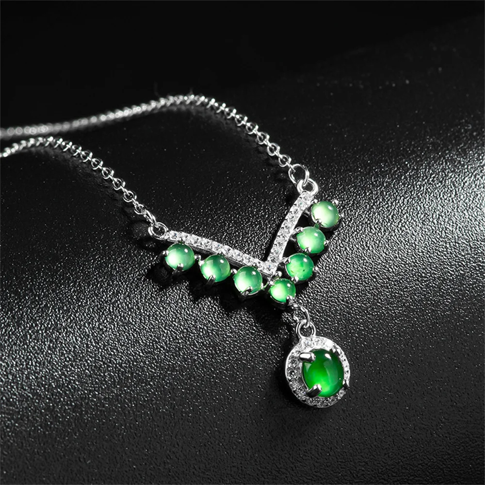 925 Silver Natural Green Jadeite Beads Drop Dangle Chain Lucky Pendant Amulet Necklace Certificate Luxury Jade Vintage Jewelry