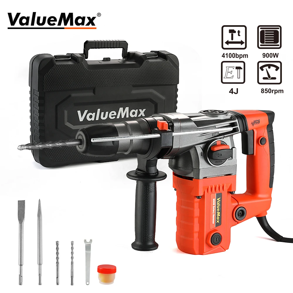 

VALUEMAX 900W Heavy Duty Corded Electric Demolition Hammer Impact Drill Rotary Hammer Drill 3 Functions DIY Power Tool