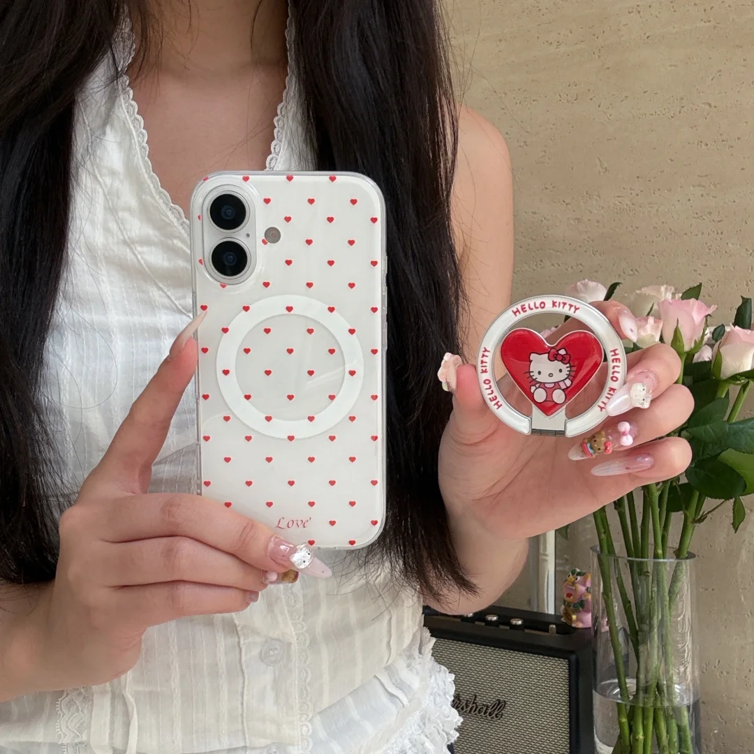 

Korea Cute Red Wave Point Magsafe Wireless Charge Phone Case For iPhone 13 14 15 16 Pro Max Heart Magnetic Ring Holder﻿