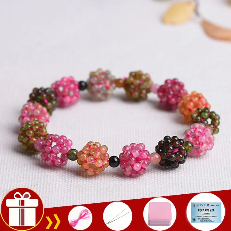 5A With Certificate Natural Brazil Candy Tourmaline Ball Crystal Bracelet Genuine Quartz