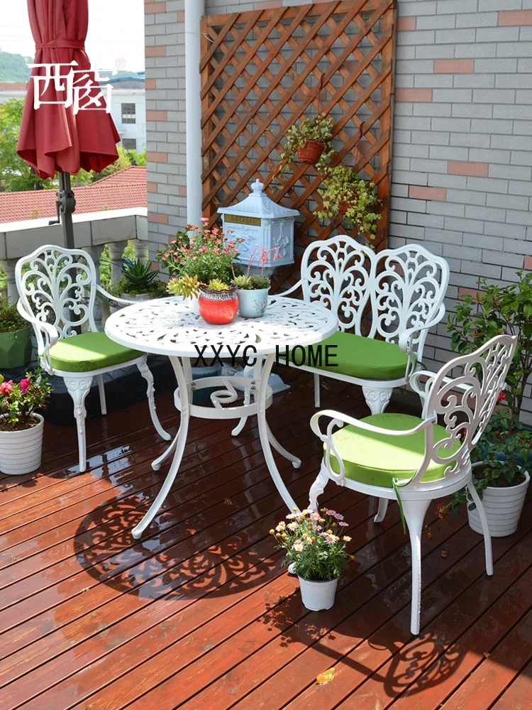 Outdoor Desk-Chair Courtyard Leisure European-Style Balcony Table and Chair Cast Aluminum White Iron Garden Table and Chair