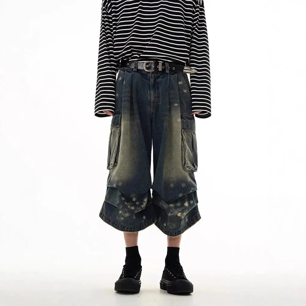 

Summer New Men's Multi-Pocket Workwear Denim Cropped Shorts American Retro Fashion Trend Street Hip-Hop Loose Men's Bottoms