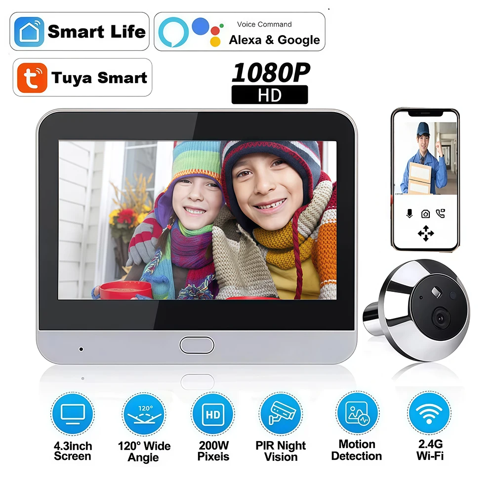 4.3 Inch WiFi Door Viewer Smart Tuya Video Doorbell Camera Peephole 2-Way Audio Mini Camera Motion Detection Night Vision