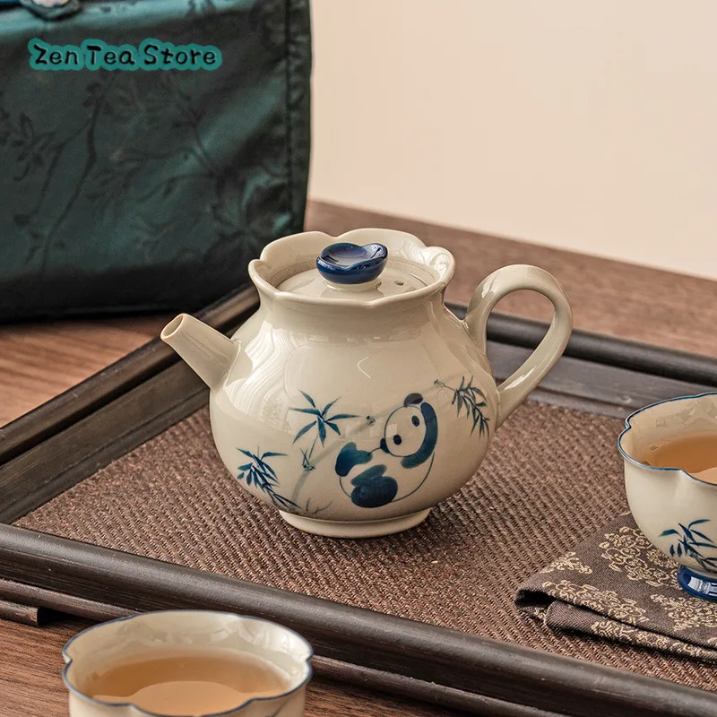 Wood Grey Panda Play Bamboo Flower Bud Pot Ceramic Teapot Tea Home With Filter Single Pot Kung Fu Tea Infuser