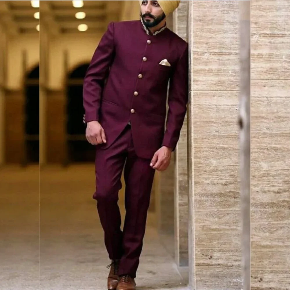 

Embroidery Men Suits Burgundy Solid Color Design Stand Lapel Single Breasted African Style wedding 2 Piece Jacket Pants Slim Fit