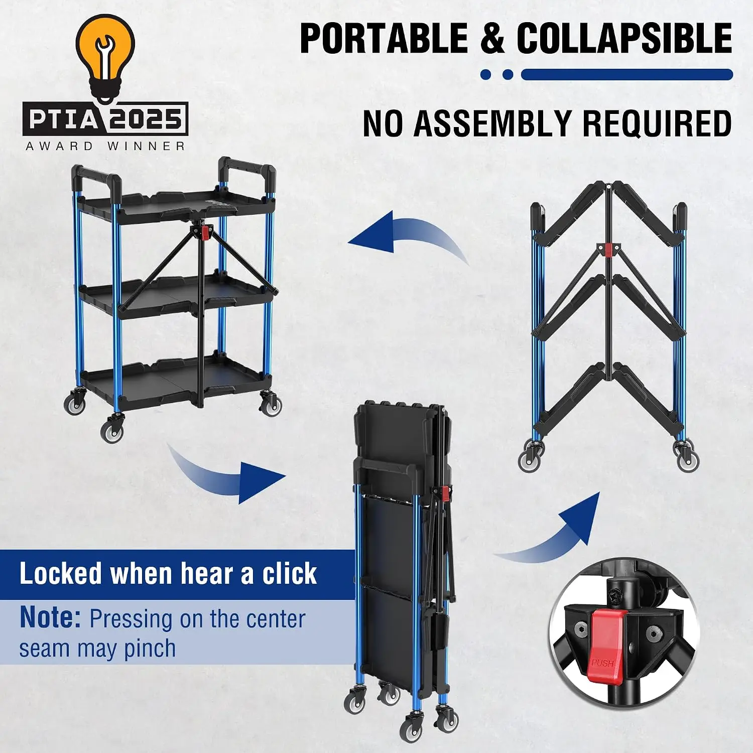 3-Tier Collapsible Service Cart, Black/Blue, 210 LBS Foldable Utility Cart with Wheels, Portable Rolling Tool Cart for Garage