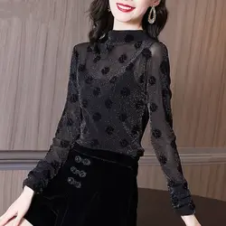 Women Autumn Winter Fashion Slim Polka Dot Net Yarn Mock Neck Long Sleeve Bottoming Shirt Women Clothes Elegant All-match Tops