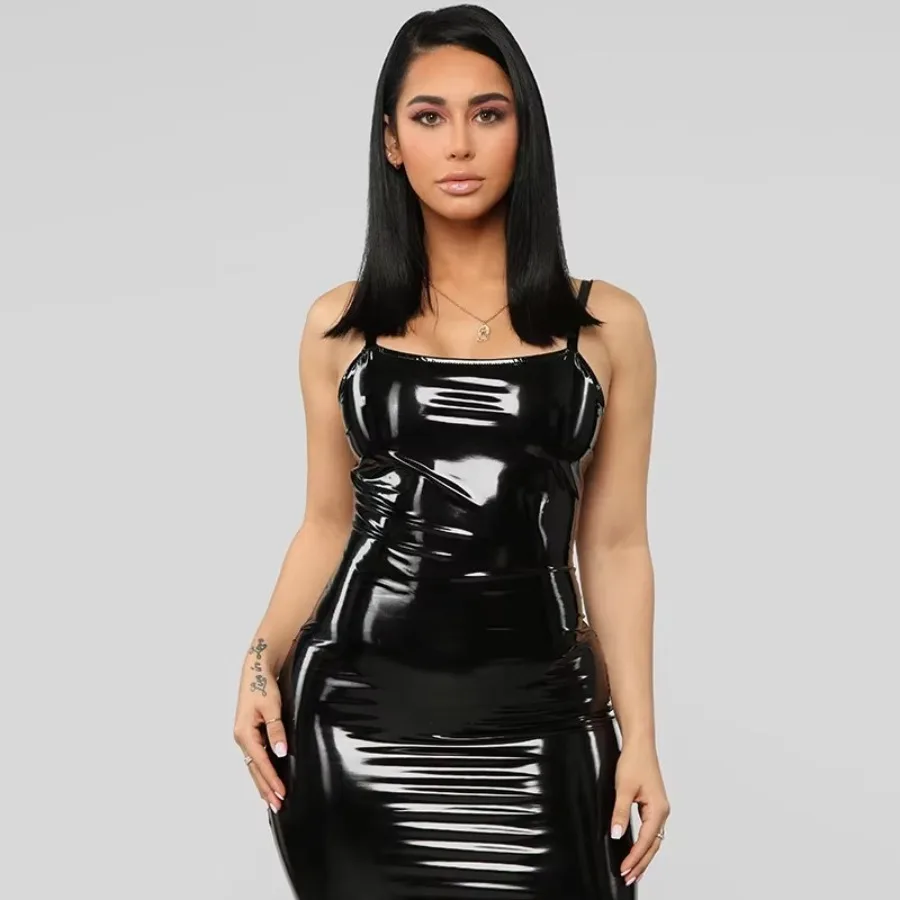 

【New style】- pu dresses Europe and America women's clothing mirror lacquer leather sexy hot girl sling wrapper