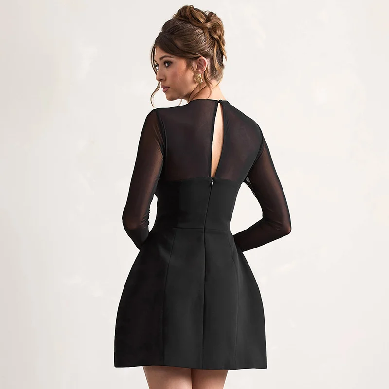 Chic ตาข่ายแผง SHEER เอว-Cinching ชุดเอวสูง A-Line กระโปรงสไตล์ใหม่ผู้หญิงรอบคอ backless มินิชุด