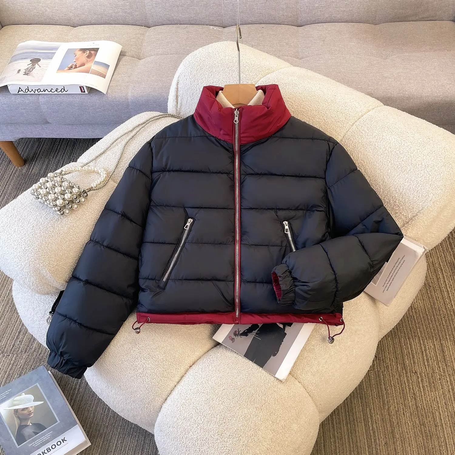 2025 New Contrast Color Women Winter Coat Fashion Stand Collar Zipper Design Cotton Jacket Chic Warm Versatile Parka Outerwear