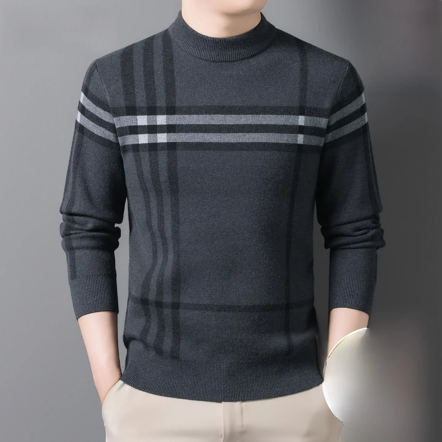 

Men's Knitted Wool Sweater round Ne Thiened Casual Sle Mid-Year Warm Base Layer T-irt Comfortable Soft Straight Cut