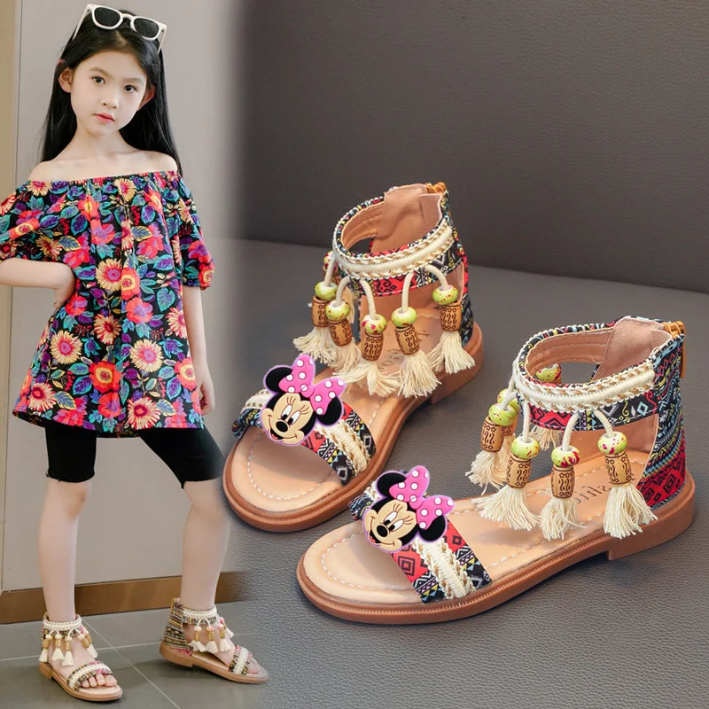 

Girls Sandals 2026 Disney New Summer Mickey Mouse Minnie Beach Shoes Fashion Soft Soles Princess Children Roman slippers Shoes