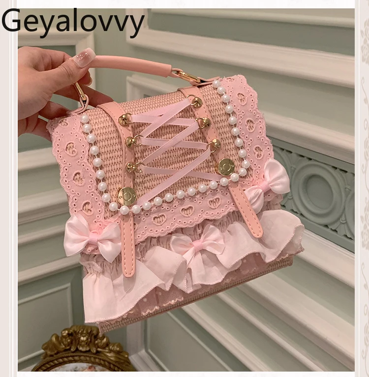 

Japanese Original Two Color Bowknot Pearl Ribbon Cute Girls Straw Handbag Sweet Kawaii Pastoral Style Backpack Makeup Bag
