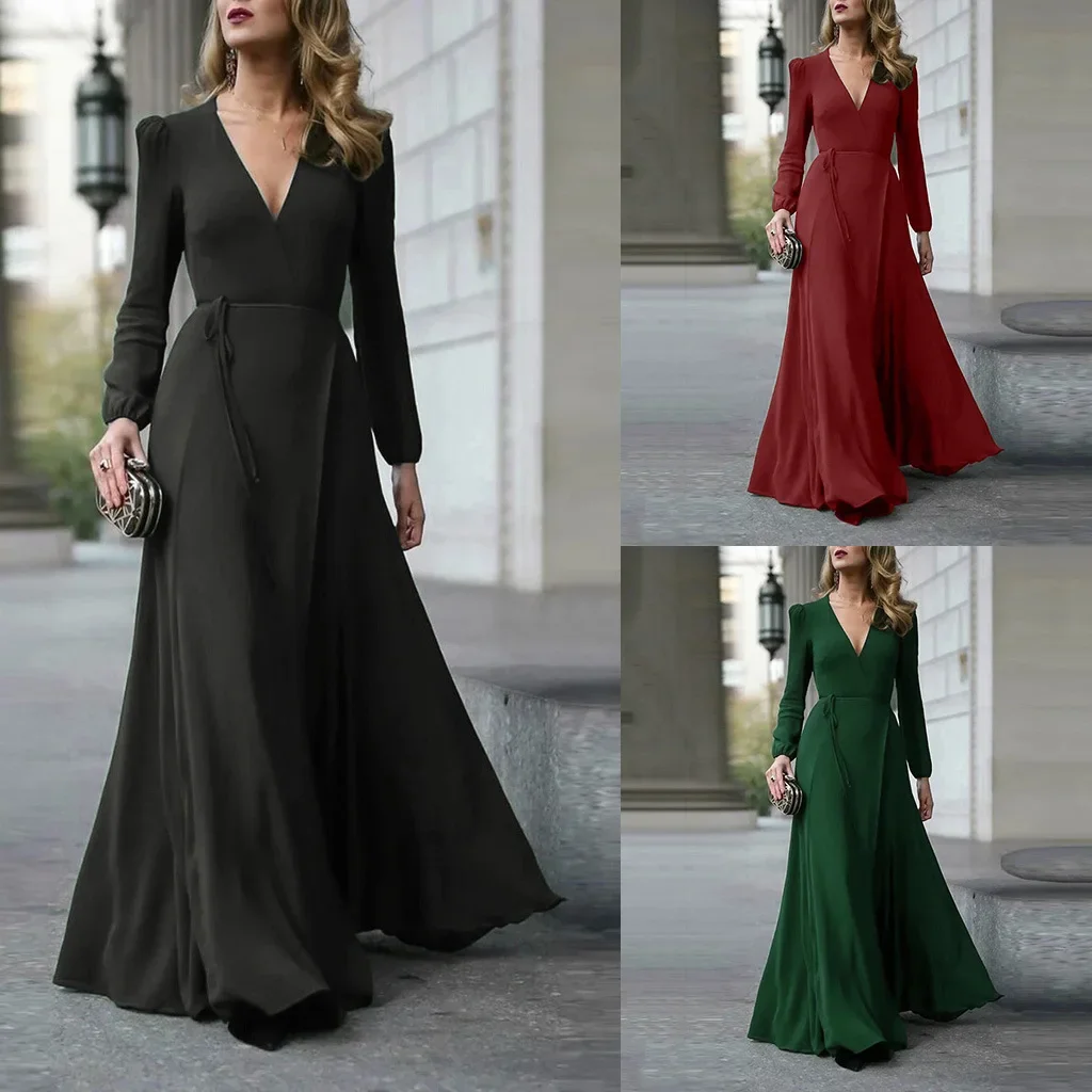 

Women Sexy Formal Maxi Elegant Dress V Neck Long Sleeve Solid color Comfortable Bandage Office Ladies Evening Party Prom Gown