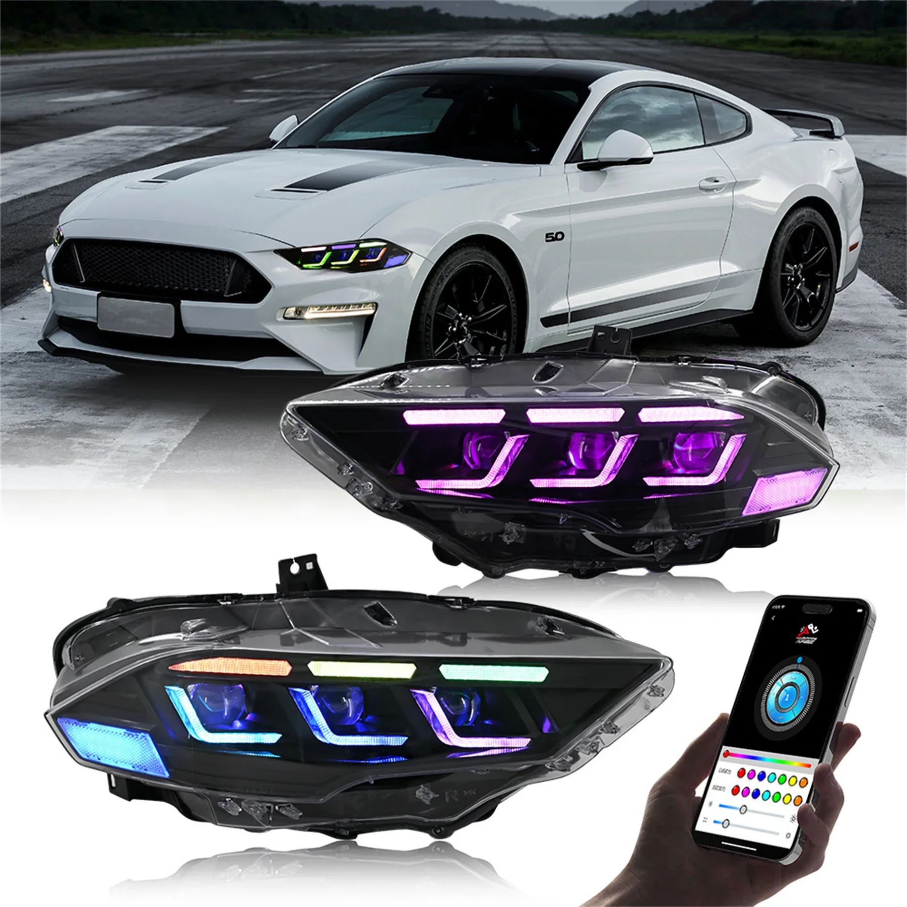 

Car Headlight headlamp for Ford Mustang 2018-2022 Modified RGB Daytime Running DRL Turn signal