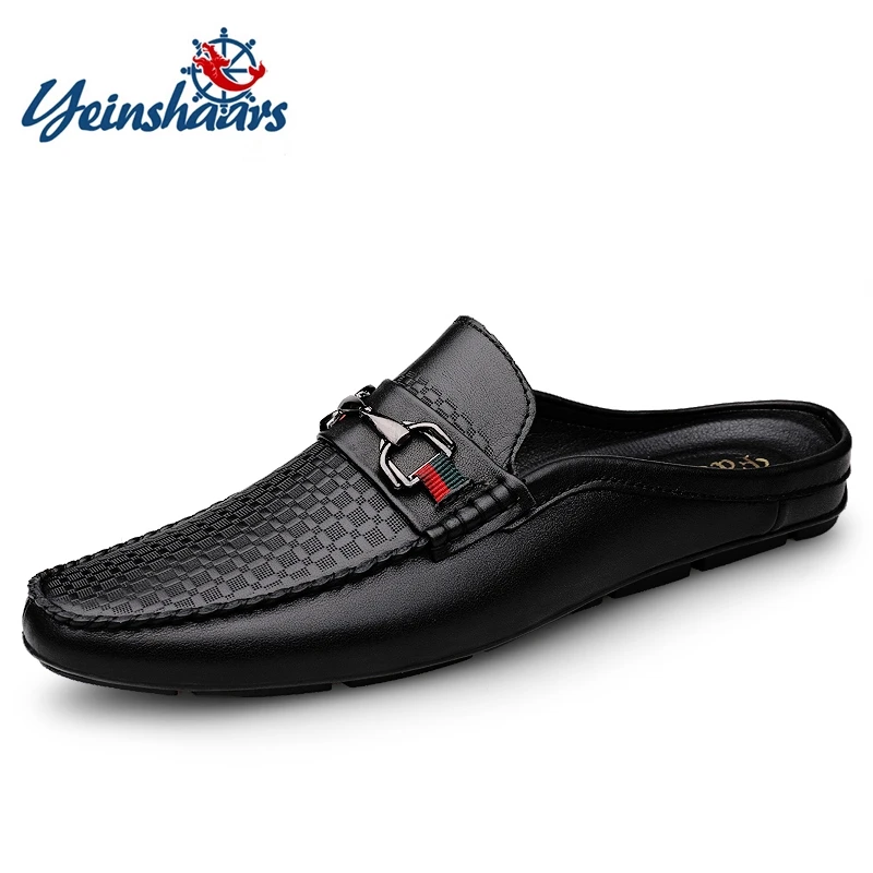 Man New Fashion First Layer Cowhide Casual Half Shoes Male Backless Loafer Half Footwear Hombre Open Back Leather Comfy Mocassin